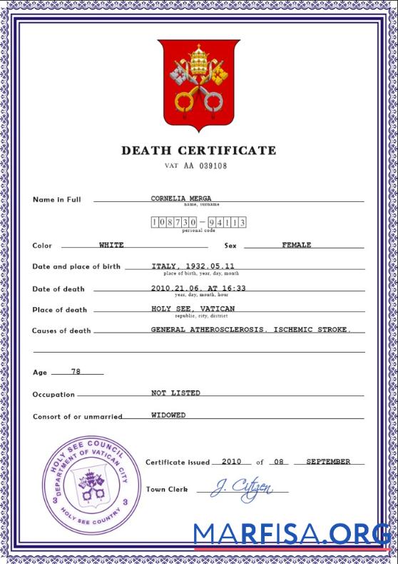 Blank Holy See vital record death certificate PSD template